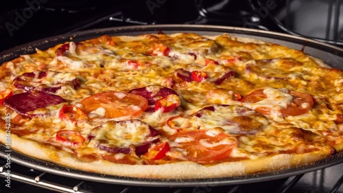 Freshly baked pizza with melted cheese and toppings on a metal tray.
