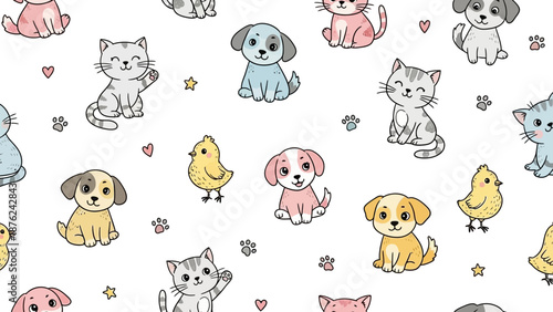 Adorable cartoon animals pattern with cute dogs, cats, and birds