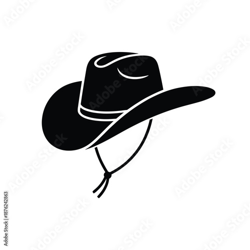 a black cowboy hat with white outline on a plain white background