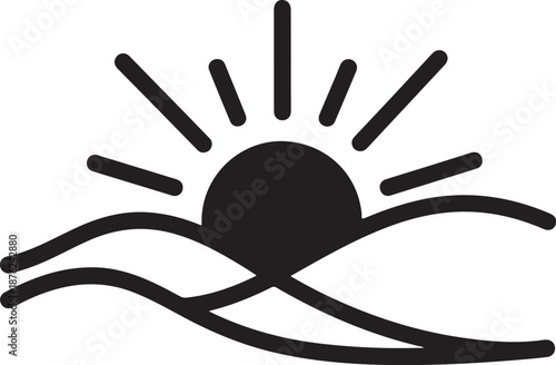 Simple black sun rising over wavy lines illustration