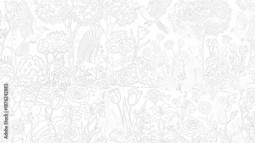 Detailed garden illustration with birds and flowers for coloring