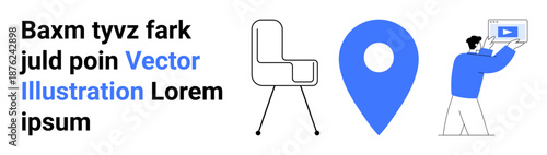 Chair, location pin, and man holding screen clean, minimal layout. Ideal for technology, furniture design, navigation, content creation, business e-learning simple landing page