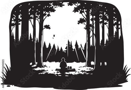 Person sitting alone in a serene forest landscape illustration