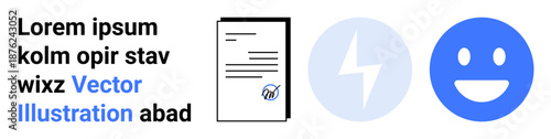 Digital authentication, teamwork, feedback systems, approval workflows, user satisfaction, document management. Features a paper with a checkmark, a lightning bolt and a happy face. Document