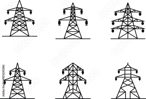 High voltage transmission towers, electric power line structures, energy grid infrastructure, utility pylons, electricity network system, flat vector illustration**
