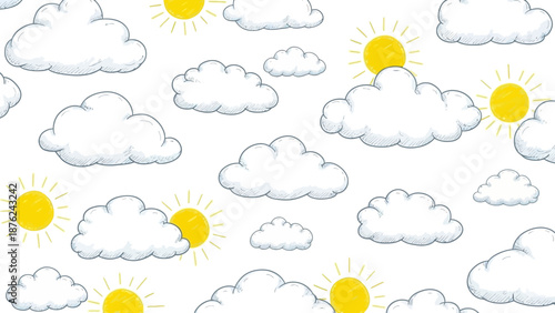 Whimsical sunny sky with fluffy white clouds and bright sunshine