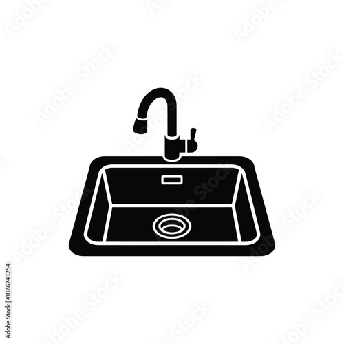 a black and white icon of a kitchen sink with faucet
