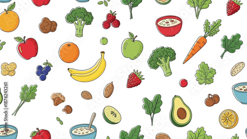Vibrant healthy food pattern with fruits and vegetables