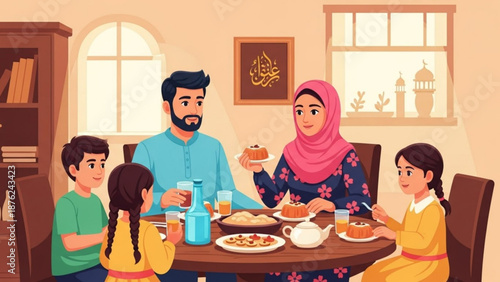 Happy Muslim Family Eating Together at Dining Table in Home