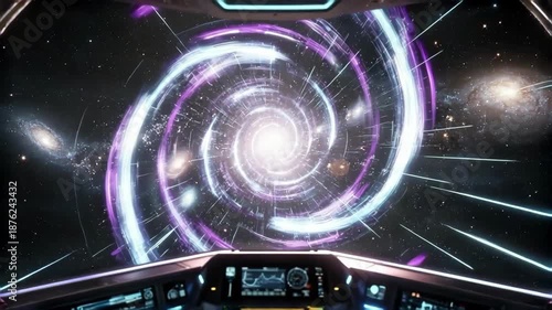 Futuristic spacecraft interior with vibrant purple and blue swirling tunnel effect