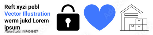 Security, love, storage, data protection, delivery logistics, warehouse management. Black lock icon, blue heart and warehouse outline. Security and storage illustrated together