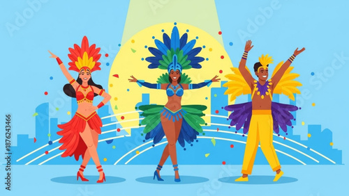 Colorful Carnival Dancers Performing in Vibrant Costumes against City Skyline