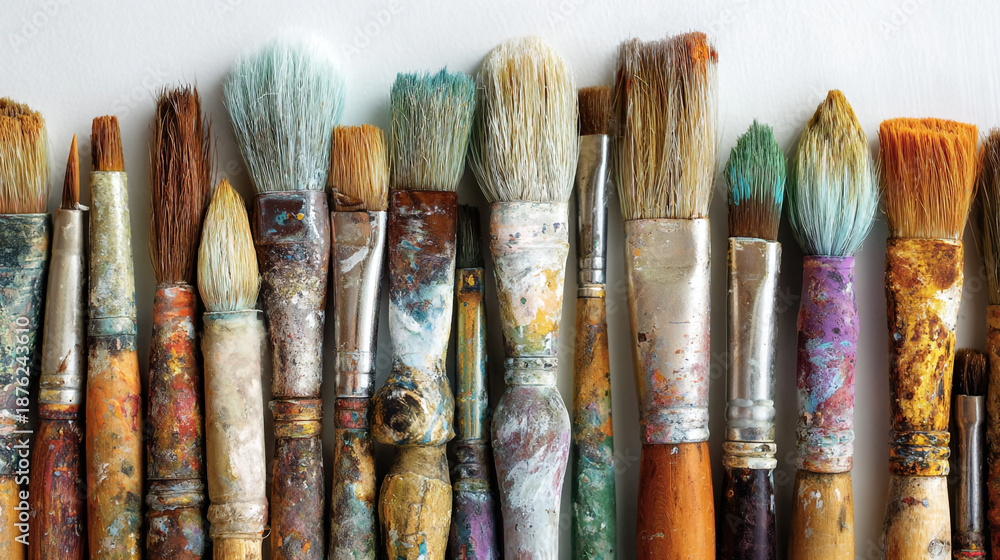 Fototapeta premium A collection of used paintbrushes with colorful paint stains on their bristles and handles