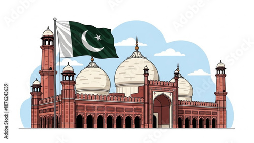 Pakistan National Flag Waving above Badshahi Mosque in Lahore, Pakistan, Islamic Architecture and Mughal Style