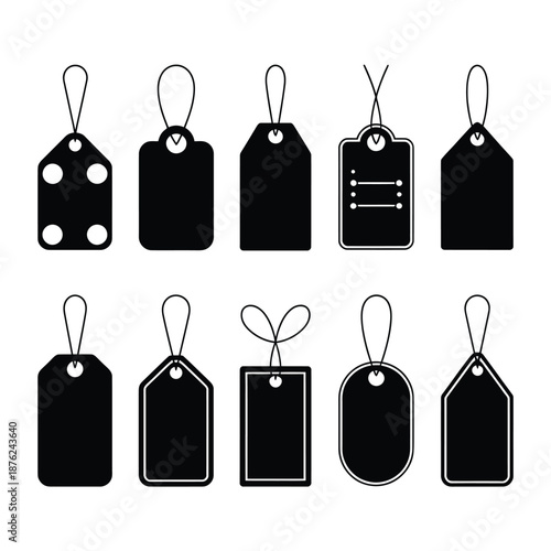 collection of black tags with strings on a white background