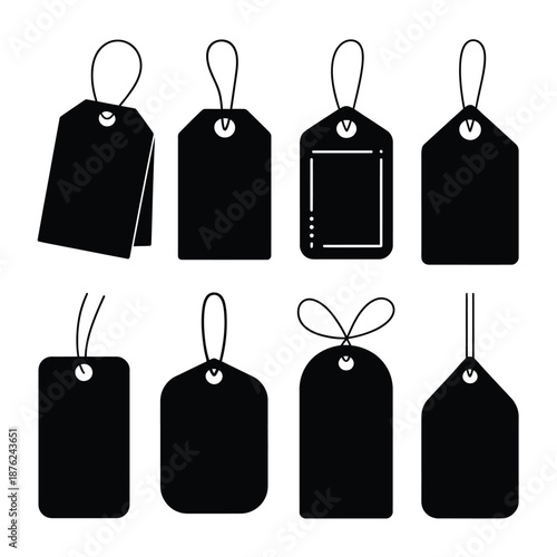 Collection of blank black gift tags with strings