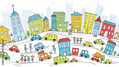 Vibrant cartoon cityscape with happy people and colorful buildings