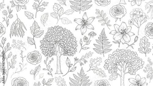 Elegant floral pattern with various flowers and leaves