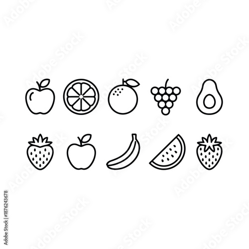 a set of fruit icons in line art style on white background
