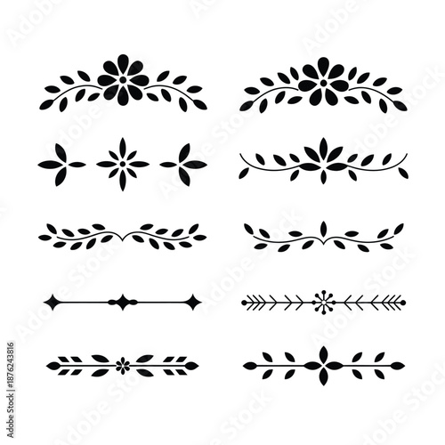 Collection of black floral and leafy design elements and borders