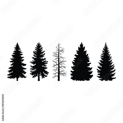 a set of five different tree silhouettes on a white background