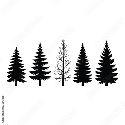 set of black silhouette trees on white background