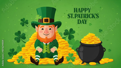 Lucky Leprechaun Sitting on Gold Coins near Pot of Gold on St. Patricks Day