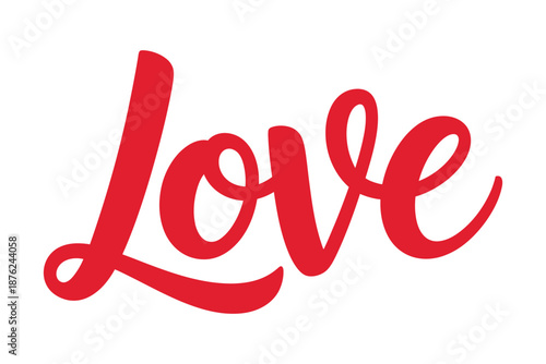 A large red cursive word love on a white background