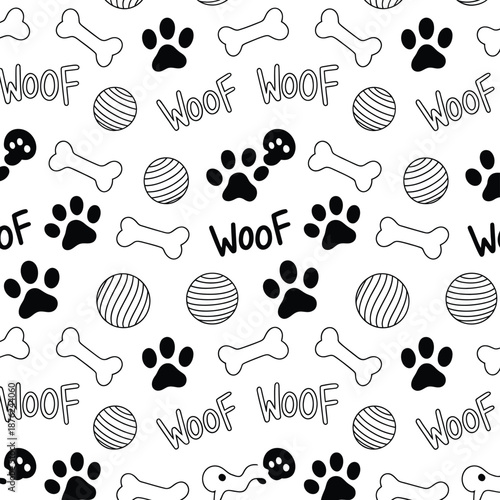 a black and white dog themed pattern with bones and paws
