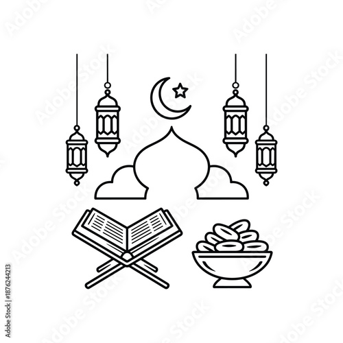 Islamic Ramadan Line Illustration with Mosque, Quran, Lanterns and Dates