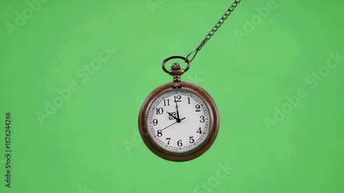 Vintage Pocket Watch Swinging on Chain Over Green Screen Background