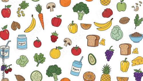 Colorful illustration of various healthy food items for nutrition