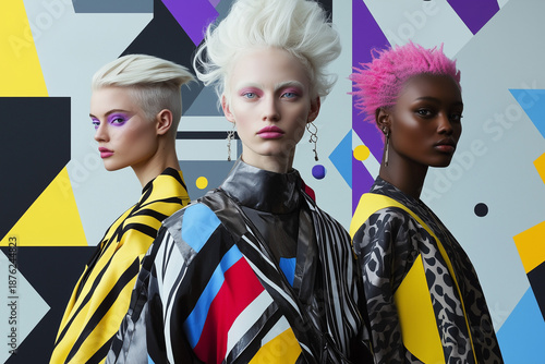 High Fashion Trio Portrait With Geometric Patterns, Bold Hair, And Colorful Attire