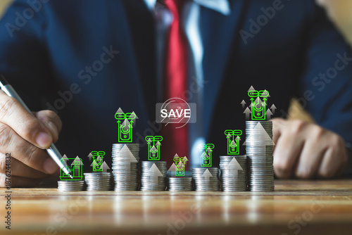 Concept of saving money and long term investment growth shown by stacked coins with save icons and upward arrows.
