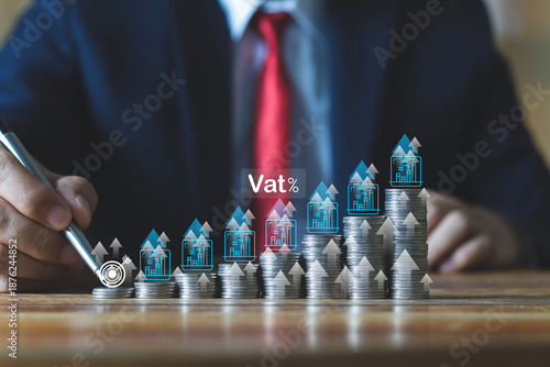 Concept of investment growth, banking and tax planning shown by stacked coins with property icons and upward arrows for financial strategy, financial, investment, strategy, growth, finance, banking