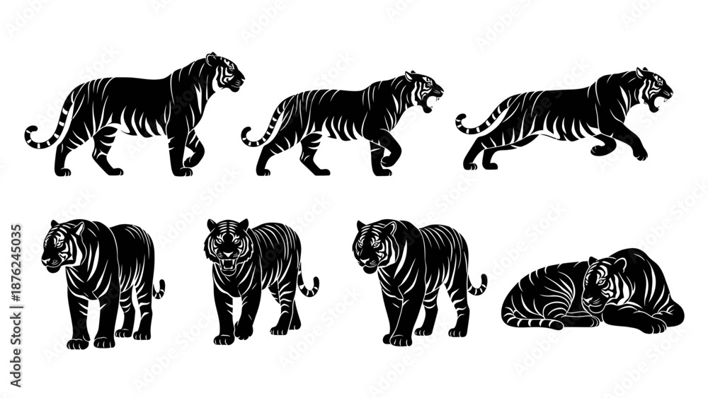 Obraz premium Collection of black tiger silhouettes in various poses.