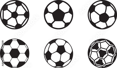 Soccer ball icon set isolated on white background. Classic football symbols in black and white flat and outline styles. Sports design elements for games, apps, posters, and athletic branding.