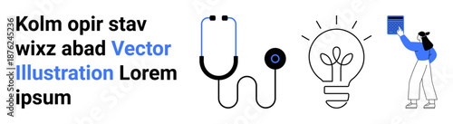 Education, healthcare, sustainability, creativity, innovation, and learning. A stethoscope, a light bulb with a plant and a person holding a book. Healthcare and sustainability