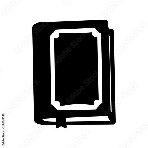 Black and white illustration of an old book with a bookmark