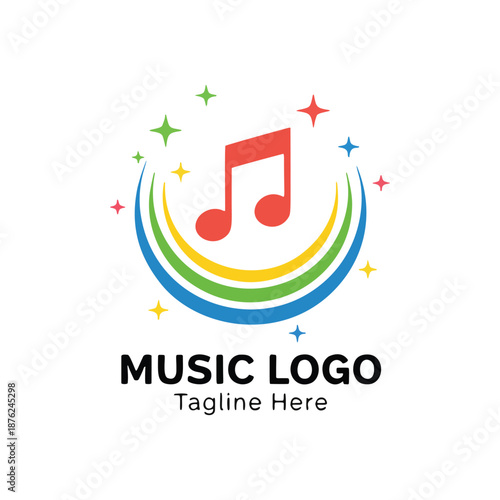 Vibrant Colorful Musical Note Logo with Rainbow Swoosh and Stars