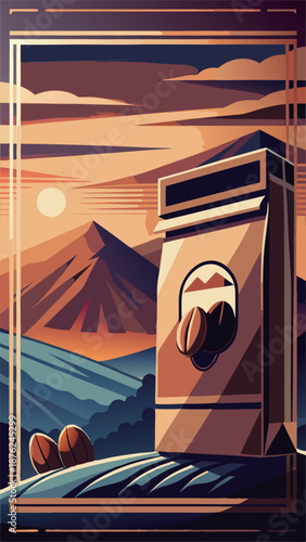 Premium coffee bag packaging design set against a sunset mountain landscape with coffee beans in art deco retro vector illustration style