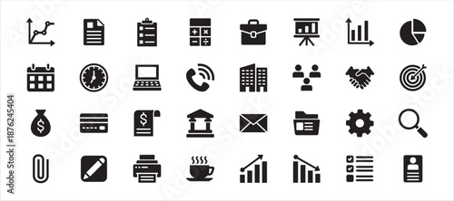 Business and office icon set in flat design. Contains icon symbol of briefcase, chart, presentation board,target, folder, teamwork, management, handshake, calculator. Vector illustration.