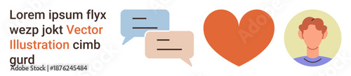 Communication, relationships, social media, human interaction, love, and emotions. Speech bubbles, heart icon and a male avatar illustration. Communication and relationships concept
