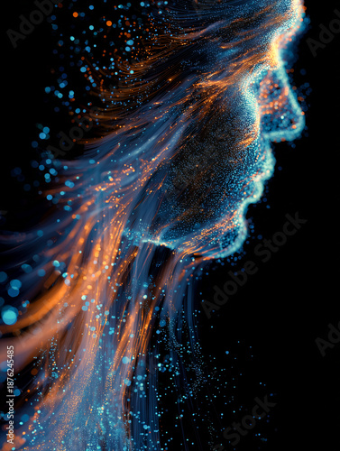 Abstract digital portrait formed from glowing particles and flowing light waves in blue and orange tones on dark background, symbolizing technology, energy, data, and human profile