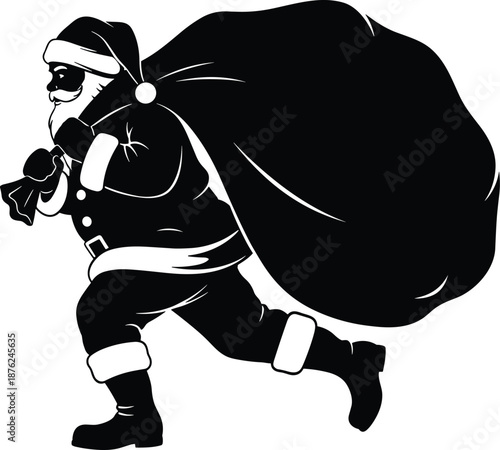 Silhouette of Santa Claus running with a heavy sack of Christmas gifts, vector illustration for holiday greeting cards, winter seasons, and festive celebration designs.