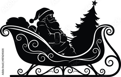 Silhouette of Santa Claus riding in ornate sleigh with Christmas tree, vector illustration for holiday greeting cards, winter seasons, festive decorations, and celebration backgrounds.
