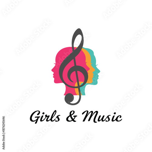 Vibrant Girls & Music Logo with Treble Clef and Profile Silhouettes
