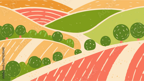 Vibrant rolling hills and undulating fields with lush greenery and colorful terrains