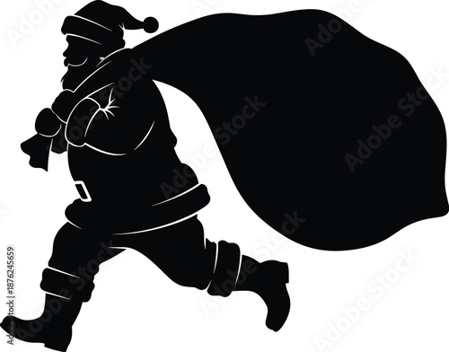Silhouette of Santa Claus running with a huge sack of gifts, Christmas vector illustration for holiday greeting cards, winter designs, festive decorations, and celebration backgrounds.