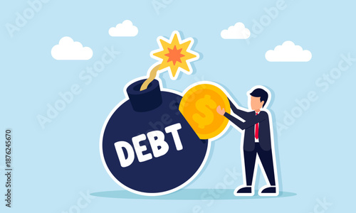 Businessman putting dollar coins into a bomb labeled debt illustration of paying business debt to maintain company financial stability